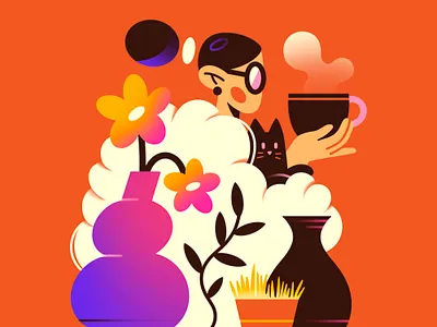 Hot Tea animal app cat character characterdesign creative female character flat flat illustration flower geometry illustration minimal shop vase vector web