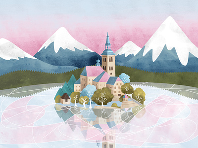 At the frozen lake ❄️ 🌸 ☁️ adobe adobe fresco digital illustration editorial illustration illustration lake bled landscape landscape illustration laura gerhard laurella vie studio slovenia travel winter winter landscape