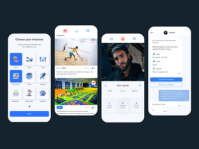 Evind categories chat choose event figma mobile app profile ui web design