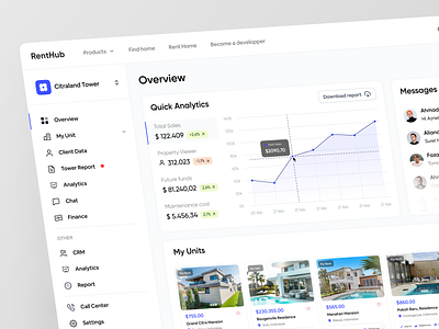 RentHub - Real Estate Dashboard 🛠️ analytics apartment clean house housing website management website property property website real estate real estate agency real estate website rent house website reseidence saas website stats ui ux web web design website