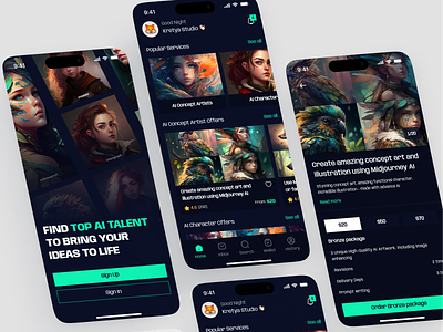 ThinkBot - Freelance AI Service Application ai ai app app application artificial service dark find service find work fiverr freelance freelancer job listing midjourney mobile project uidesign upwork