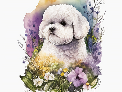 Cute Bichon Frise Dog Watercolor Spring Clipart smile