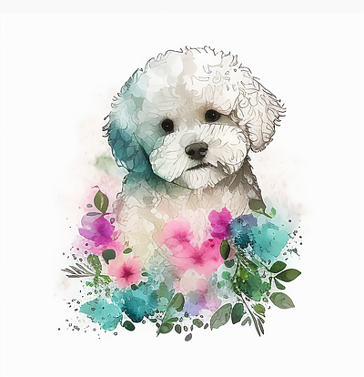 Cute Bichon Frise Dog Watercolor Spring Clipart smile