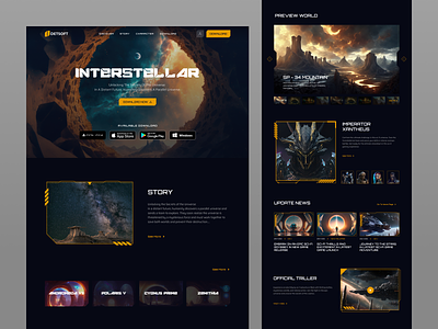 Interstellar- Game Landing Page astrounut branding cyberpunk dark mode devoloper fantasy game game landingpage gaming graphic design landing page sci fi ui