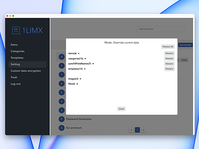 Desktop App UI - 1LimX Backup Preview app app design biometric design desktop app design encrypted data vault encrypted file vault file manager macos password generator password keeper password manager privacy secure file vault security ui ui design