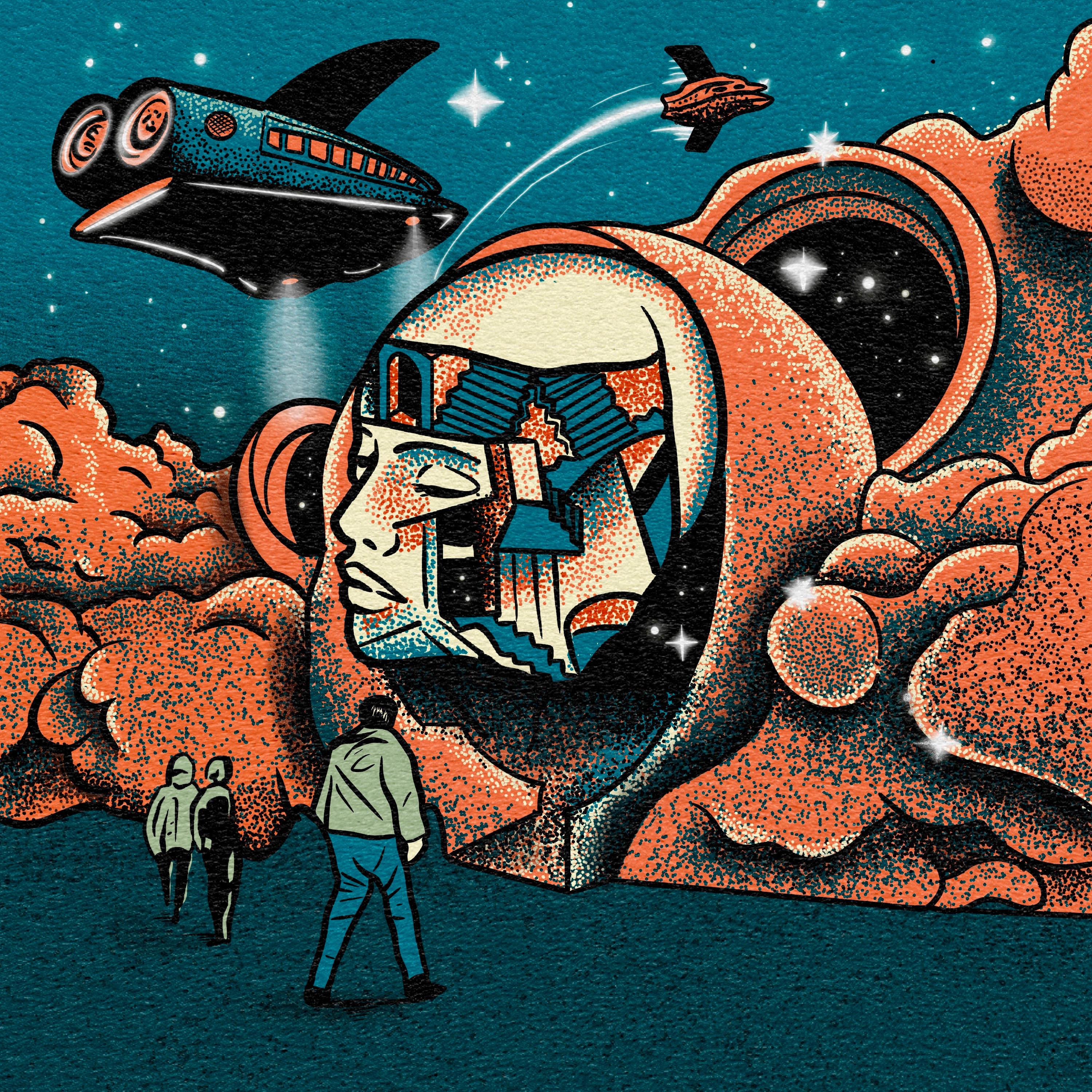 No Direction One Step at a Time abstract art blue branding design digital illustration graphic design hand drawn illustration illustrator path portal retro retro future salmon spacecraft stairs stars surrealism