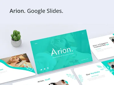 Arion Google Slides beauty cosmetic creative feminine google slides green keynote minimalist modern powerpoint presentation salon simple skincare spa template white