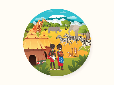 African scene 2d africa african animal cartoon character children desert design elephant illustration kid kilimanjaro landscape meerkat nature people scene vector zebra