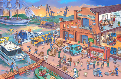 Life in the port 2d illustration postcard procreate wimmelbuch