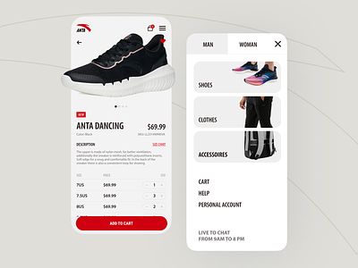 Anta | E-commerce | Product page & Menu anta app branding design e commerce graphic design illustration logo mobile product shoes shop sneakers store ui ux
