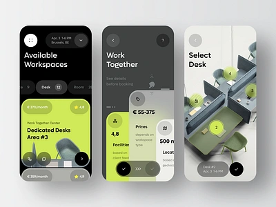 Workspace Finder App app app design application booking booking system concept coworking coworking space finder mobile mobile app rent rental app renting reservation reserve select ui uх workspace