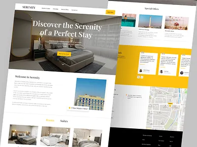 Serenity - Hotel Landing Page Website booking card dailyui design figma framer hotel hotel landing page live website logo maps product showcase stay testimonials ui design ux web design website