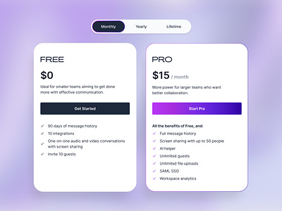 Pricing Cards with Purple Gradient Button blue gradient free plan pricing gradient button modern design pricing card pricing design pricing module pro plan pricing purple gradient ui design web 3 web design