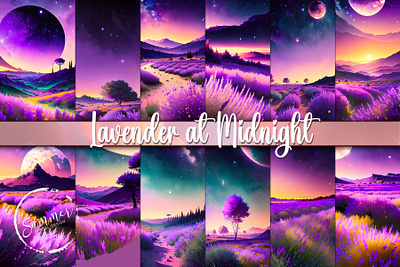Lavender Fields Under a Midnight Sky digital download fantasy fields graphic design lavender magical moon night purple sky