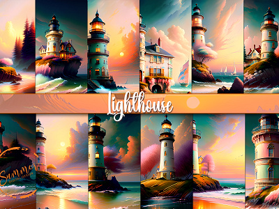 Sunset Lighthouse in the Ocean Storm beach clouds fantasy graphic design lighthouse marshmallow ocean pastel storm sunset