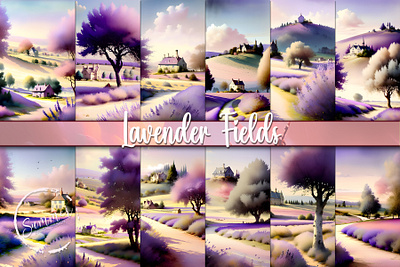 Tuscany Lavender Fields in the Summer clouds digital download fields graphic design house lavender purple summer sunset tuscany