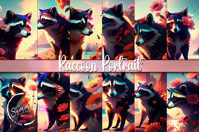 Raccoon Floral Portrait beach clouds digital download fantasy floral graphic design illustration portrait raccoon sunset