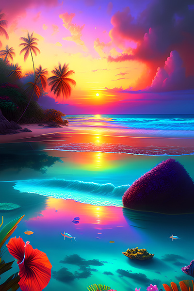Tropical Beach Lagoon beach clouds digital download fantasy floral graphic design illustration lagoon sunset tropical tropical beach lagoon