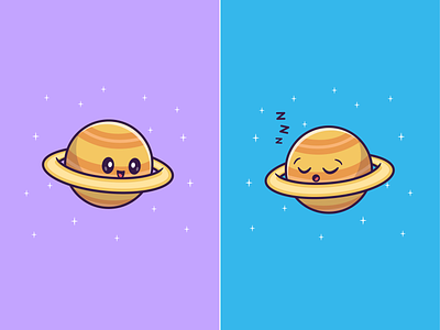 Cute Planet Day and Night🪐 activity character cute dream earth eyes face galaxy icon illustration kids logo moon planet saturn sky sleep space star universe