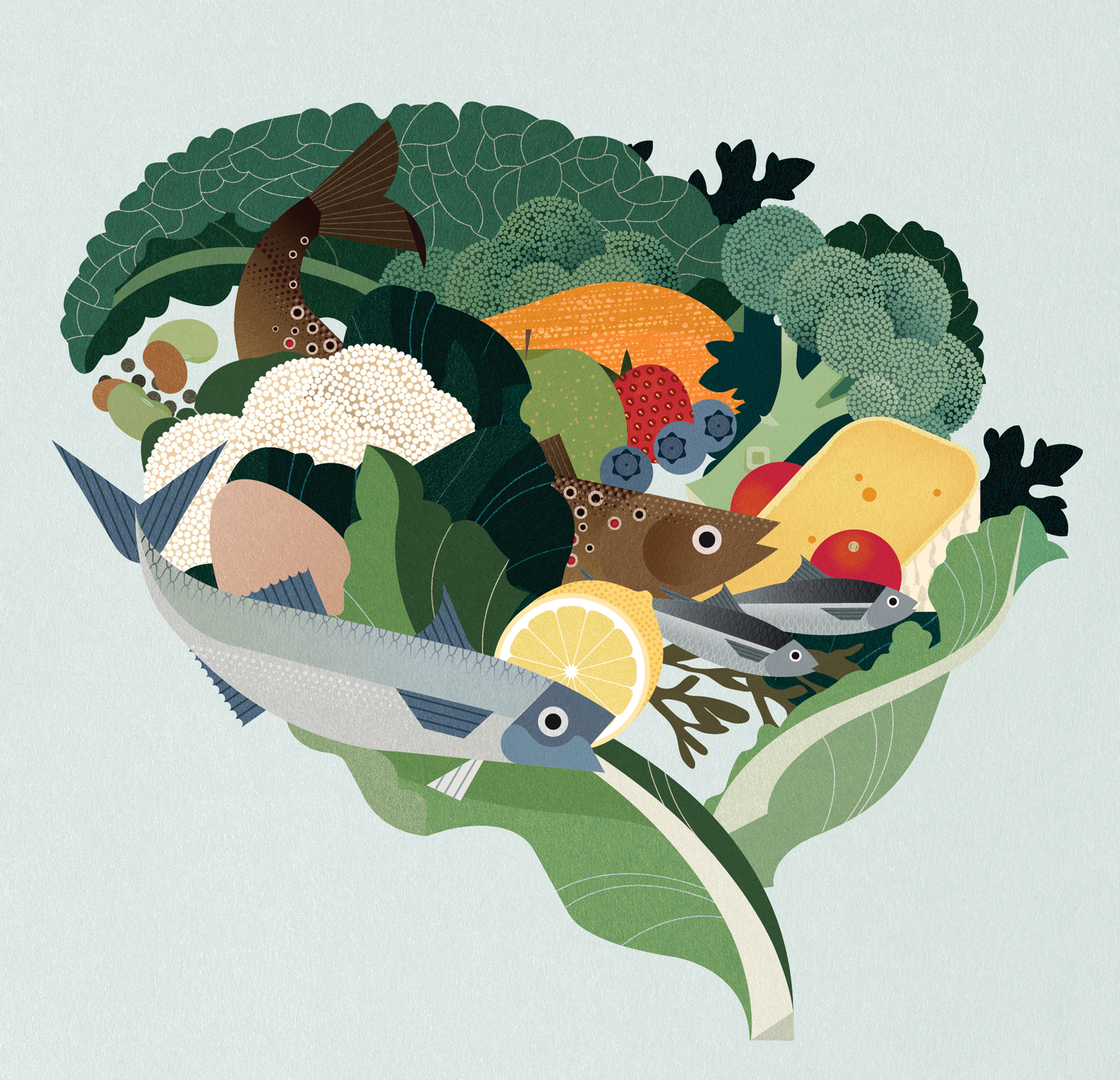 Food For Thought brain diet digital editorial folioart food health illustration sally caulwell science vector