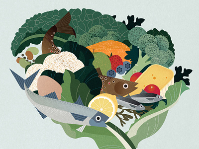 Food For Thought brain diet digital editorial folioart food health illustration sally caulwell science vector