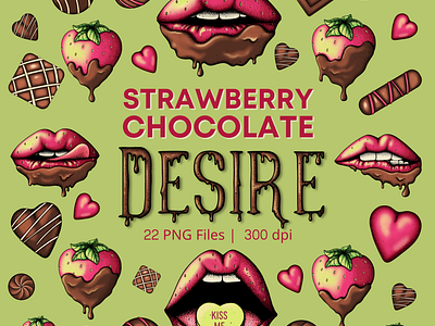Strawberry Chocolate Desire Graphic Elements Set branding chocolate chocolate strawberries clipart design digital illustration graphic design graphic elements illustration lips logo strawberries sublimation graphics