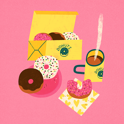 Donuts coffee colourful dessert donut doughnut food art food illustration food illustrator illustration pink and yellow whimsical