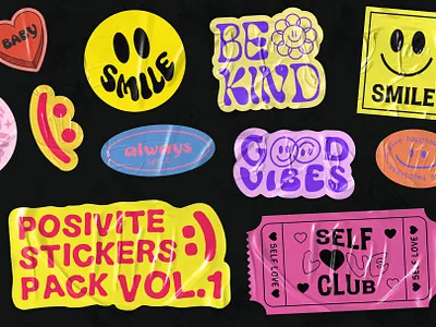 POSITIVE STICKERS PACK VOL.1 90s abstract acid art cool design drug emoji good vibes groovy illustration kind kindness logo patch pop smile sticker trendy y2k