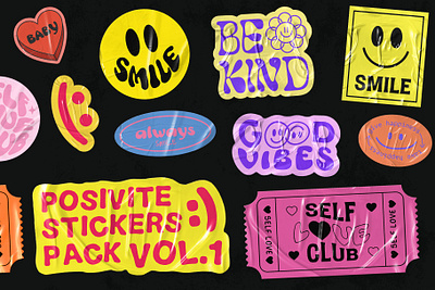 POSITIVE STICKERS PACK VOL.1 90s abstract acid art cool design drug emoji good vibes groovy illustration kind kindness logo patch pop smile sticker trendy y2k