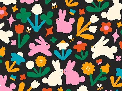 Wildflower Pattern with Bunnies animal illustration bees bunnies colourful cute style flat floral floral pattern flowers fun illustration nature pattern pattern design playful rabbits