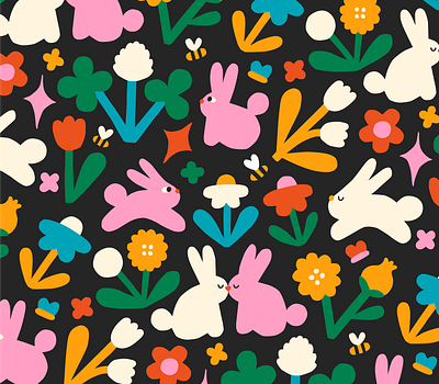 Wildflower Pattern with Bunnies animal illustration bees bunnies colourful cute style flat floral floral pattern flowers fun illustration nature pattern pattern design playful rabbits