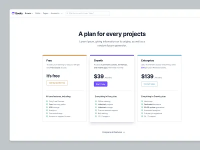 Pricing Page Design Geeks UI courses figma landing page modern ui pricing pricing cards pricing page design saas testimonail ui design ux design web design