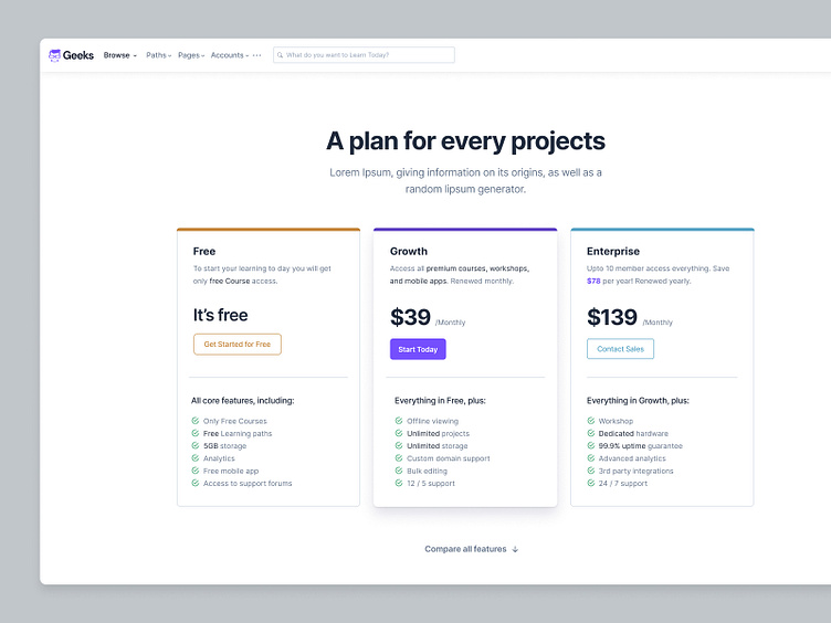 Pricing Page Design Geeks UI by codescandy on Dribbble