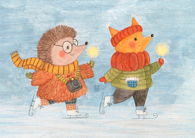 The Hedgehog and the Fox are skating by masha bgd art character design childrens book childrens illustration illustration