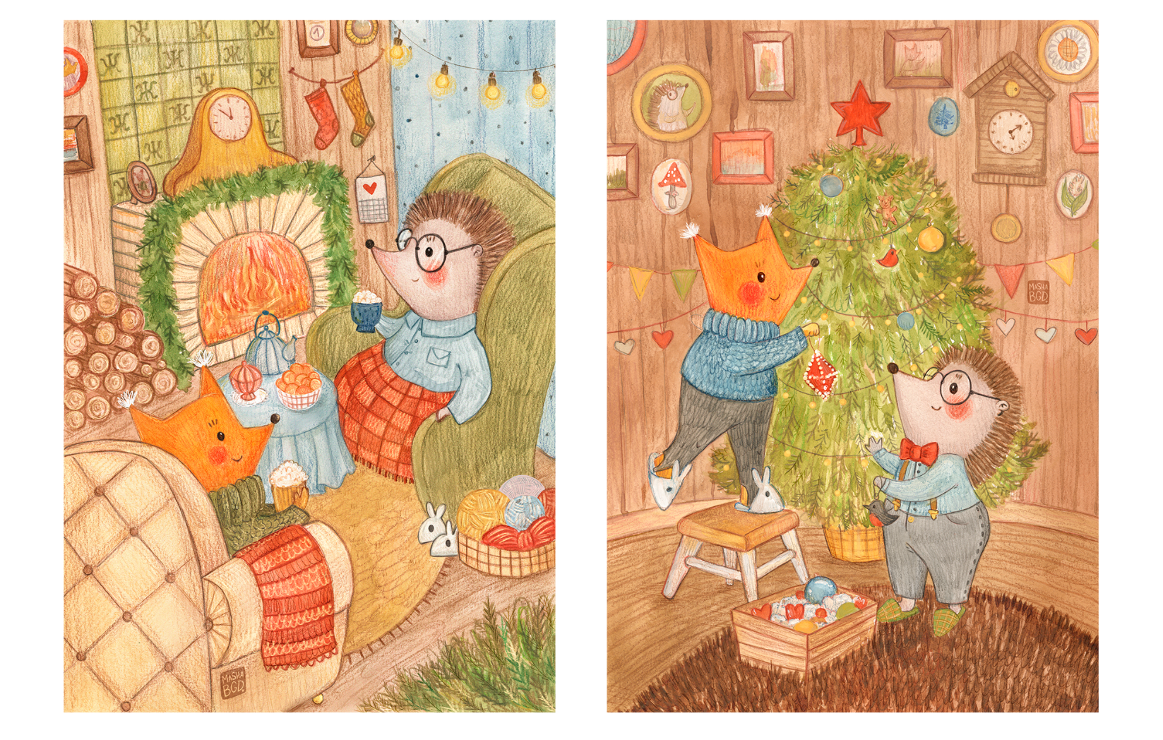 The Hedgehog & the Fox are preparing for the New Year- masha bgd art character design childrens book childrens illustration illustration