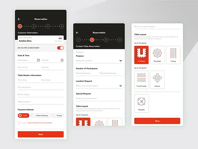 Restaurant Reservation - Customer Info & Custom Table Screen app design five star restaurant food mobile mobile app red reservation restaurant restaurant reservation table reservation table screen ui ux vector