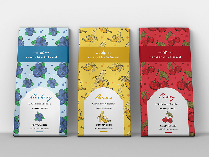 Chocolate Packaging for Cannabis-Infused Brand brand design branding cannabis cbd cherry chocolate colors dessert food food branding fruit hemp illustration label design packaging packaging design pattern pattern design product product design