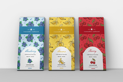 Chocolate Packaging for Cannabis-Infused Brand brand design branding cannabis cbd cherry chocolate colors dessert food food branding fruit hemp illustration label design packaging packaging design pattern pattern design product product design
