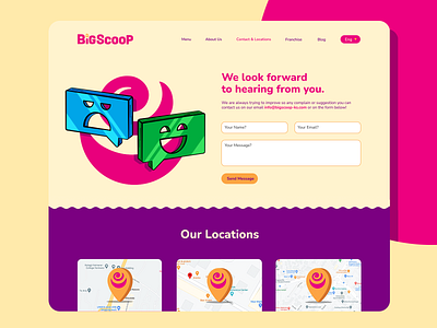 BigScoop - Contact Page blue chat contact contact form contact page graphic design green illustrations interface location map pin pink placeholder purple ui web web design website yellow