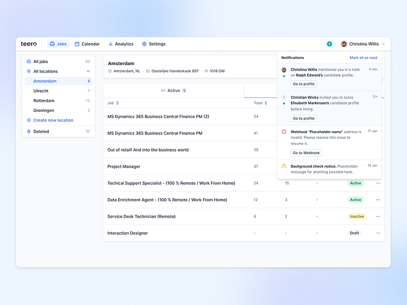 Notification Centre announcement crm dashboard feed hiring hiring tool job job creation lever new notification notification centre notification panel notifications recruiting recruitment salesforce side panel status table
