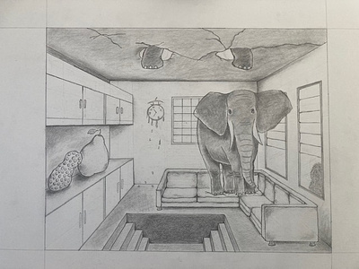 Pencil Illustration with Surrealism elephant graphic design