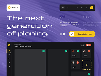 Meety — Landing Page Hero animation app call conference design developers hero meet meeting minimal motion planing product saas slack ui ux video web zoom