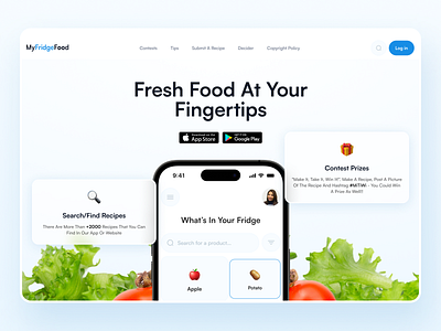 Landing Page - My Fridge Food app design app store cooking download app food glass effect google play iphone 14 landing page light mode minimal ui uiux ux web web design