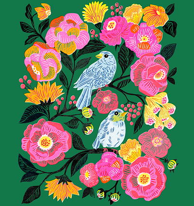 Bluebirds birds bluebirds drawing floral flowers green illustration pattern design pink riso roses spring surface design