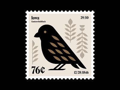Iowa Stamp bird eastern goldfinch feather field finch goldfinch icon illustration iowa logo midwest nature plants postage stamp symbol