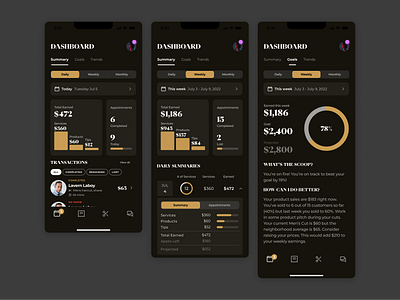 Daily Summary for Barber Application barber barbershop barbershop brand daily summary dark dashboard dark mode dashboard data data visualization gold modern dashboard trends work