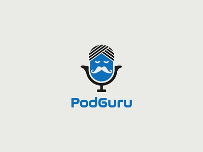 PodGuru blue branding flat design graphic design guru guru logo illustration illustrator logo logo design microphone microphone logo moustache pod podcast turban vector vector logo