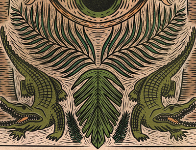 Encompassed & Uncaged (1/2), 2023 alligator belize botanical crocodile eye hippie illustration island leaves linocut palm paradise third tree trippy tropical wildlife witch