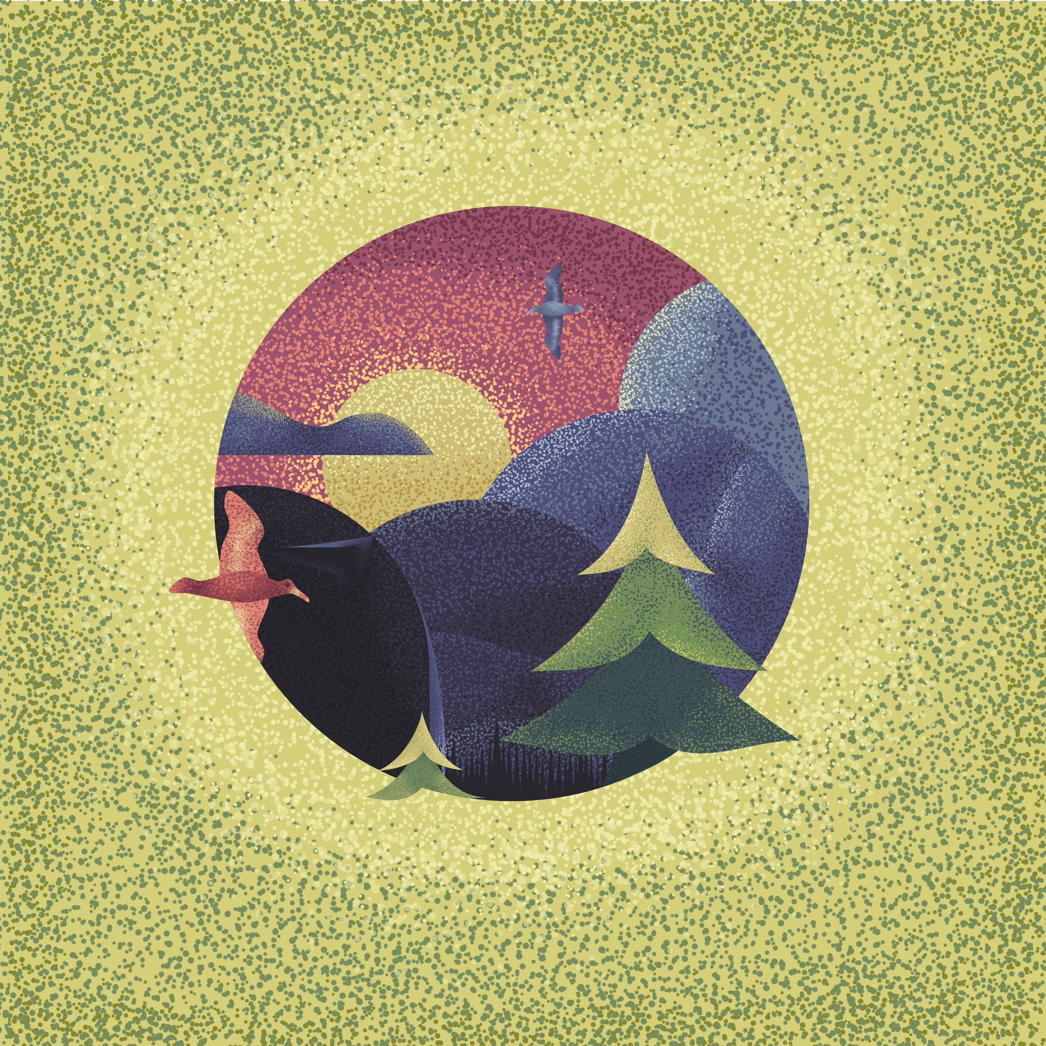 Random 2.0 art birds grain illustration landscape nature portal stipple sun