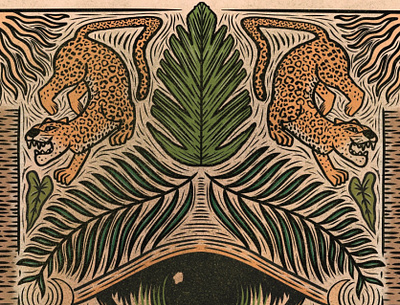 Encompassed & Uncaged (2/2), 2023 belize botanical eye hippy illustration island jaguar leaves linocut palm paradise retro sun third tree trippy tropical vintage wildlife witch